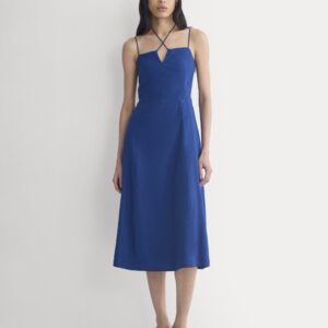 Tie-Neck Dress in Stretch Linen | Estate Blue