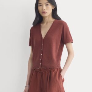 Lace Trim Cardigan in Fine Linen | Henna Red