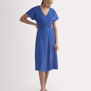 Cinched Dress in Stretch Linen | Estate Blue